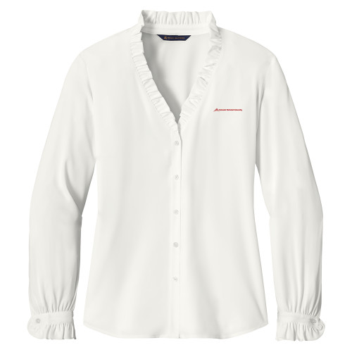  Brooks Brothers Womens Off White Long Sleeve Ruffle Collar Blouse - Official Logo - Flat