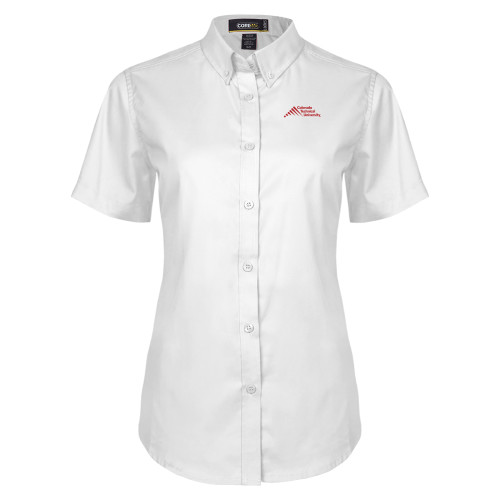  Womens White Twill Button Up Short Sleeve - Official Logo - Stacked