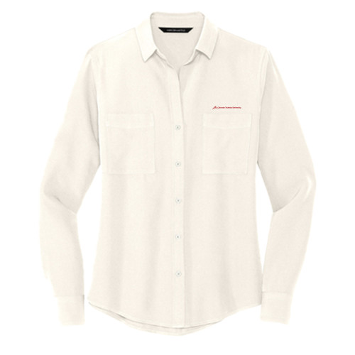  Mercer + Mettle Womens Ivory Crepe Long Sleeve Camp Blouse - Official Logo - Flat