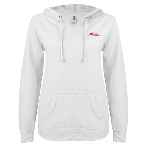  ENZA Womens White V Notch Raw Edge Fleece Hoodie - Official Logo - Stacked