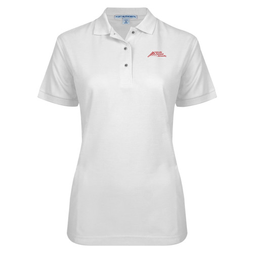  Womens Silk Touch White Pique Polo - Official Logo - Stacked
