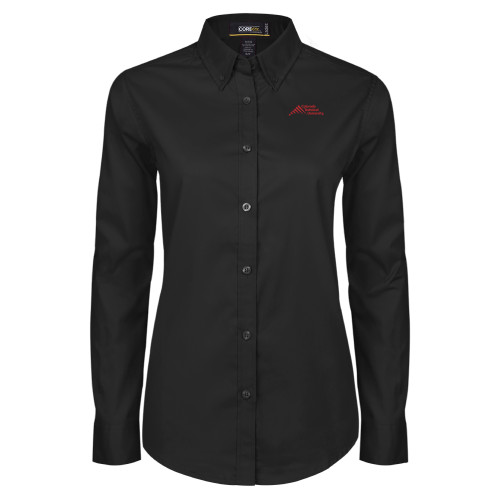  Womens Black Twill Button Down Long Sleeve  - Official Logo - Stacked