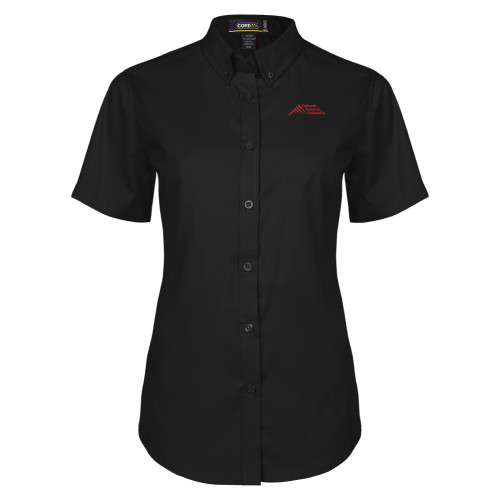  Womens Black Twill Button Up Short Sleeve - Official Logo - Stacked