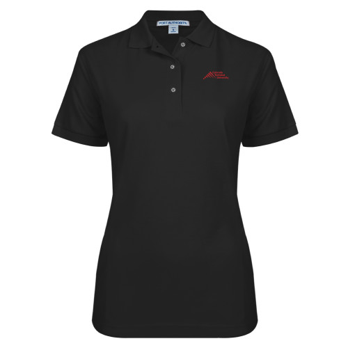  Womens Silk Touch Black Pique Polo - Official Logo - Stacked