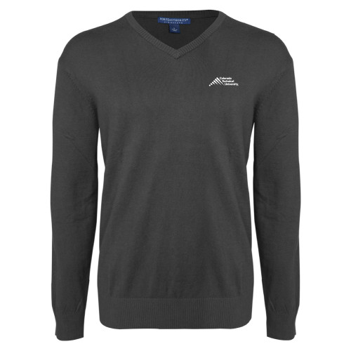  Charcoal Heather VNeck Sweater - Official Logo - Stacked