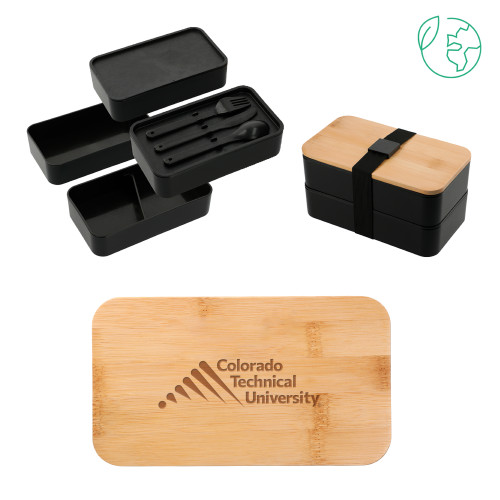 Stackable Bamboo Fiber Black Bento Box - Official Logo - Stacked Engraved