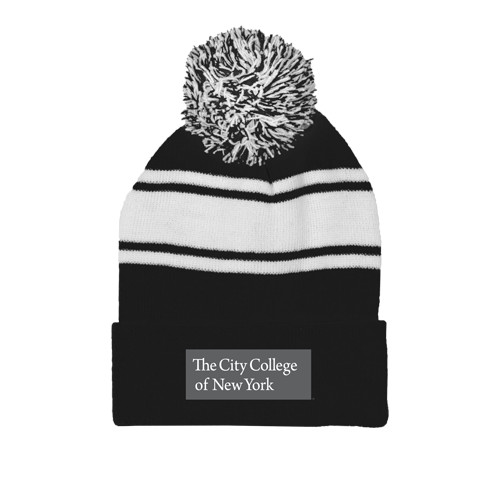 Black/White Two Tone Knit Pom Beanie w/Cuff-Official Logo