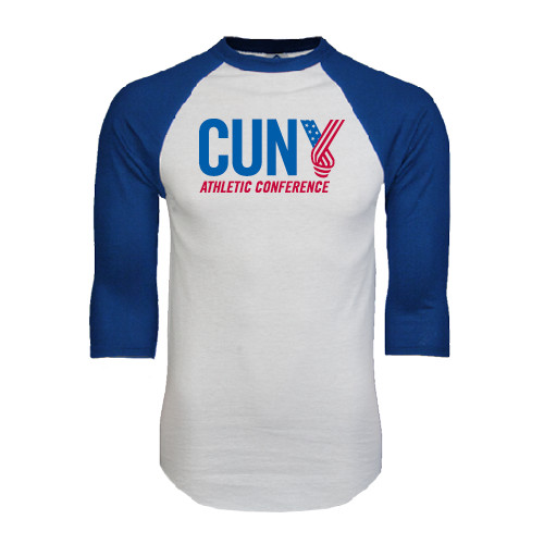 CUNY Athletics White/Royal Raglan Baseball T Shirt-Official Logo