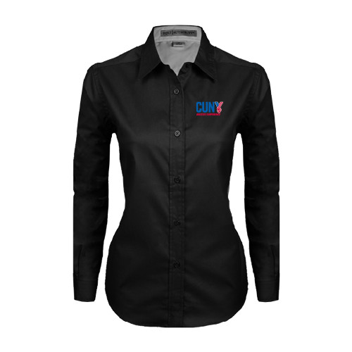 CUNY Athletics Womens Black Twill Button Down Long Sleeve -Official Logo