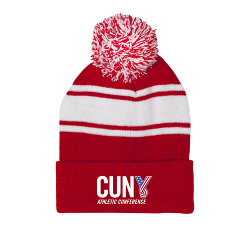CUNY Athletics Red/White Two Tone Knit Pom Beanie w/Cuff-Official Logo