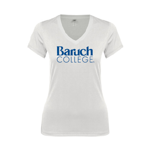 College Next Level Womens White Ideal V Tee-Official Logo