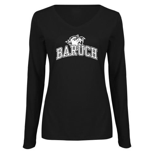 College Womens Black Long Sleeve V Neck Tee -Baruch Arched