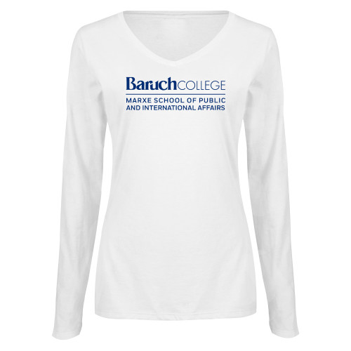 Womens White Long Sleeve V Neck Tee -Baruch College Marxe School