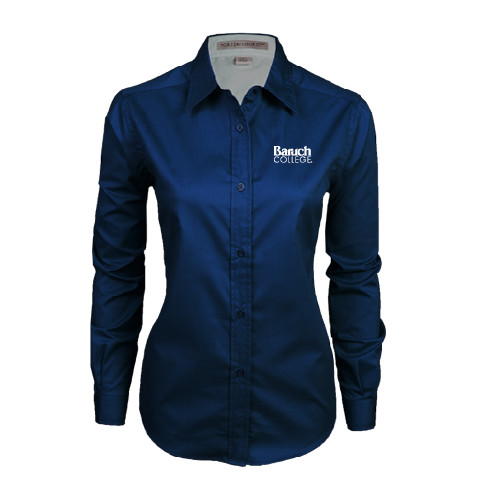 College Womens Navy Twill Button Down Long Sleeve -Official Logo