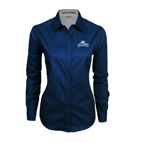 College Womens Navy Twill Button Down Long Sleeve -Baruch Arched