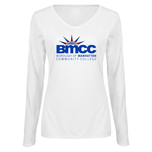 Womens White Long Sleeve V Neck Tee-BMCC Stacked