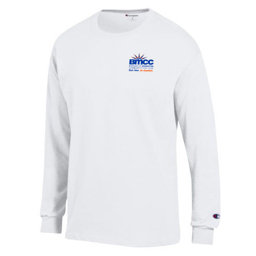 Champion White Long Sleeve T Shirt-BMCC Start Here Go Anywhere