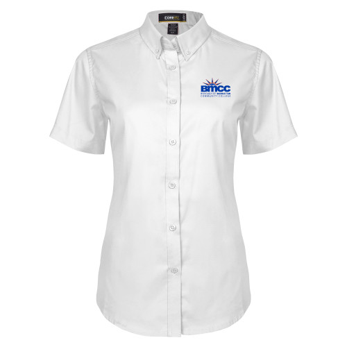 Womens White Twill Button Up Short Sleeve-BMCC Stacked