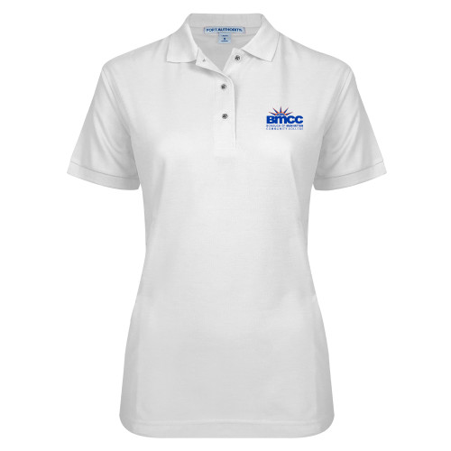 Womens Silk Touch White Pique Polo-BMCC Stacked