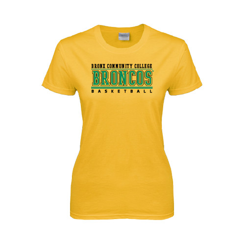Womens Gold Short Sleeve Tee-Stacked Basketball Design