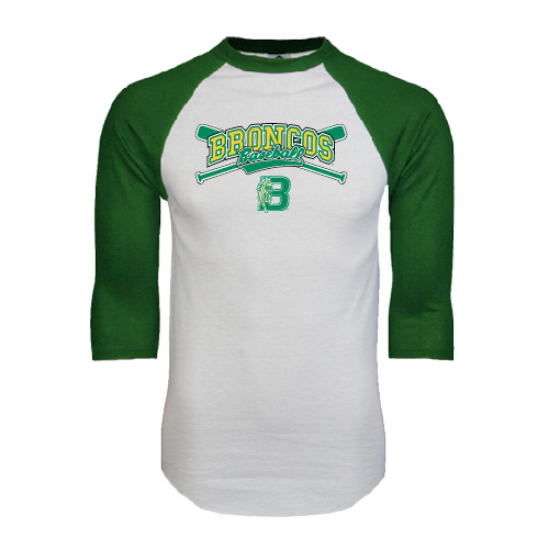 White/Dark Green Raglan Baseball T Shirt-Cross Bats Design