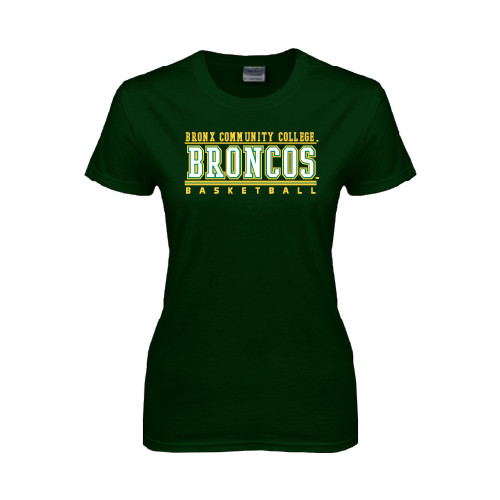 Womens Dark Green Short Sleeve Tee-Stacked Basketball Design