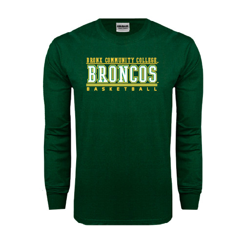 Dark Green Long Sleeve T Shirt-Stacked Basketball Design