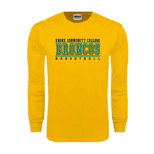 Gold Long Sleeve T Shirt-Stacked Basketball Design