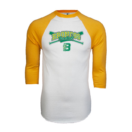 White/Gold Raglan Baseball T Shirt-Cross Bats Design