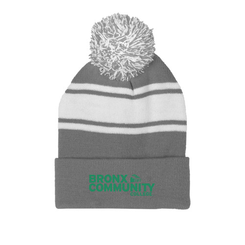Grey/White Two Tone Knit Pom Beanie w/Cuff-Official Logo