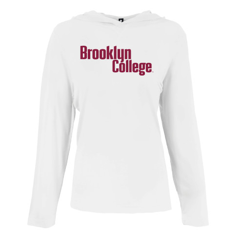 Womens White Long Sleeve Hooded Tee-Brooklyn College