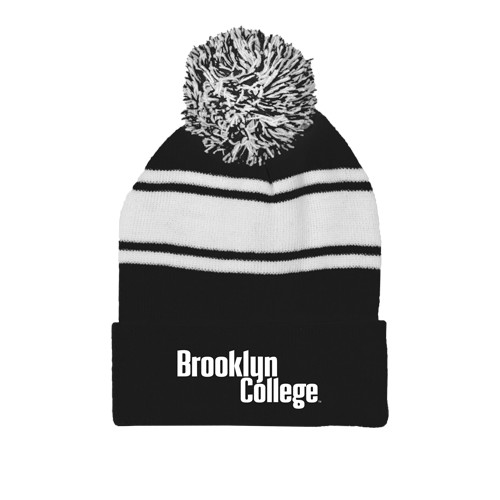 Black/White Two Tone Knit Pom Beanie w/Cuff-Brooklyn College