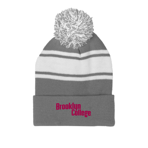 Grey/White Two Tone Knit Pom Beanie w/Cuff-Brooklyn College