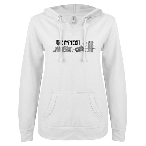 ENZA Womens White V Notch Raw Edge Fleece Hoodie-City Tech Skyline