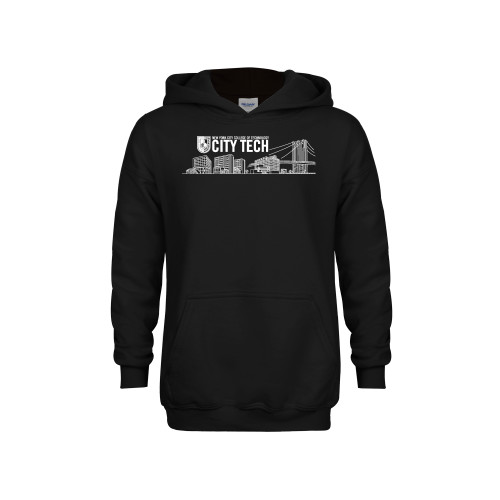 Youth Black Fleece Hoodie-City Tech Skyline