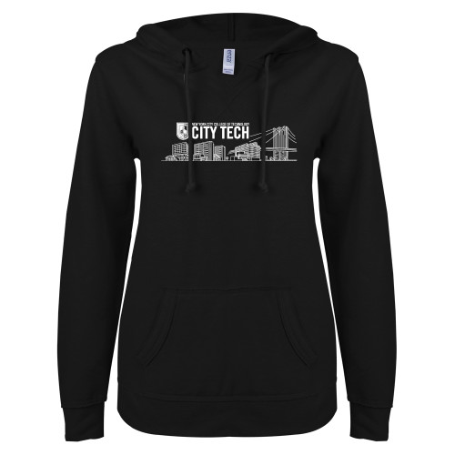 ENZA Womens Black V Notch Raw Edge Fleece Hoodie-City Tech Skyline