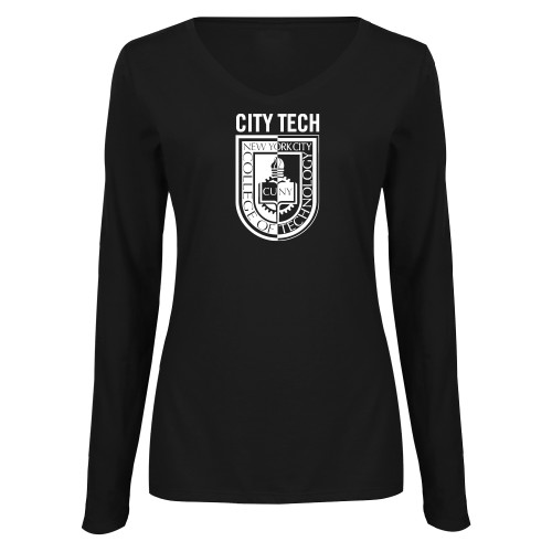 Womens Black Long Sleeve V Neck Tee -City Tech Shield