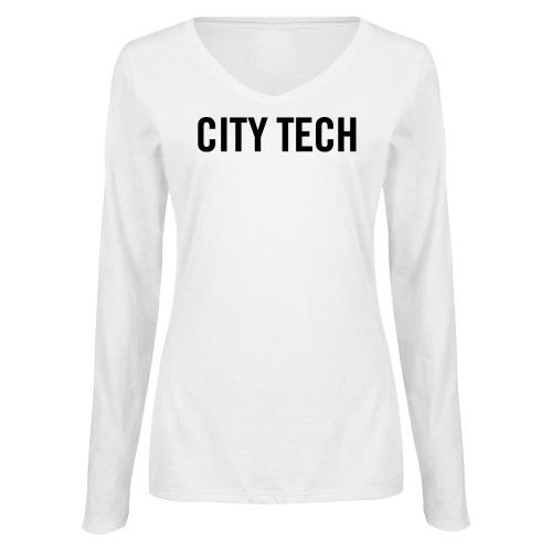 Womens White Long Sleeve V Neck Tee -City Tech Logo