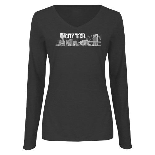 Womens Dark Heather Long Sleeve V Neck Tee -City Tech Skyline