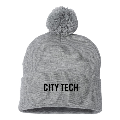 Sportsman Heather Grey Pom Pom Cuffed Beanie-City Tech Wordmark