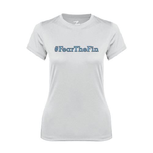 Womens White Performance Tee-Fear the Fin