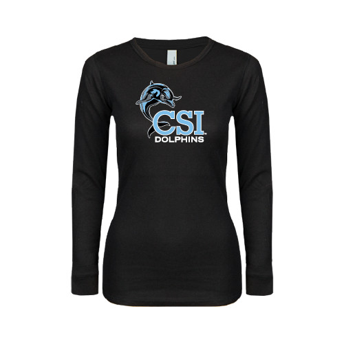 Womens Black Long Sleeve V Neck Tee -Official Logo