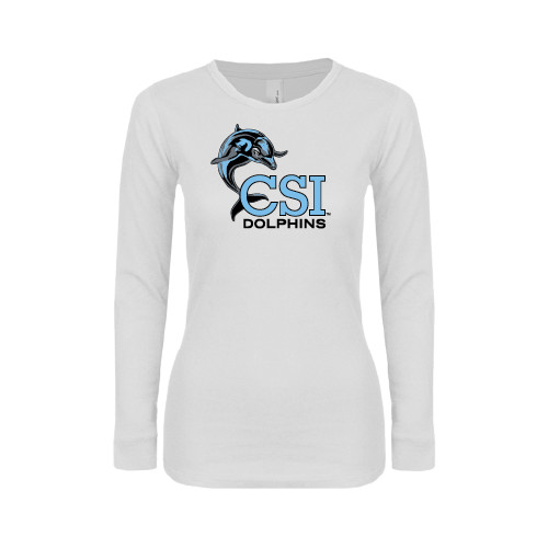 Womens White Long Sleeve V Neck Tee-Official Logo