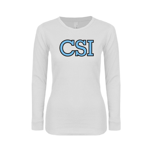 Womens White Long Sleeve V Neck Tee-CSI