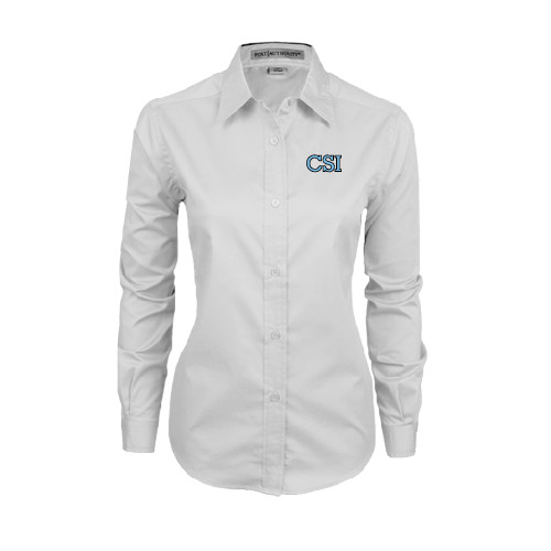 Womens White Twill Button Down Long Sleeve-CSI