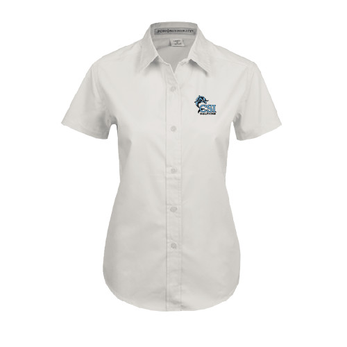 Womens White Twill Button Up Short Sleeve-Official Logo