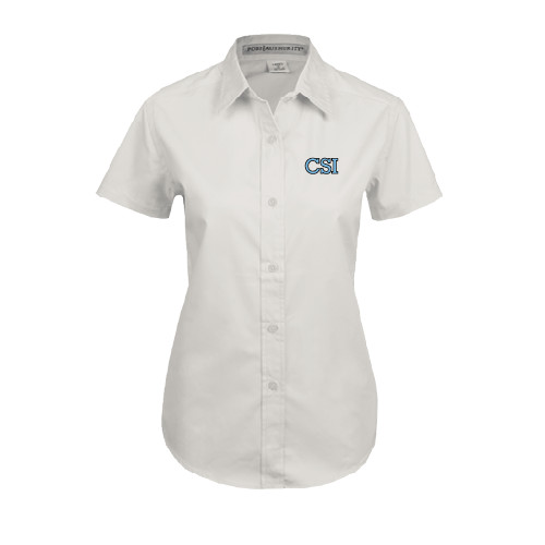 Womens White Twill Button Up Short Sleeve-CSI