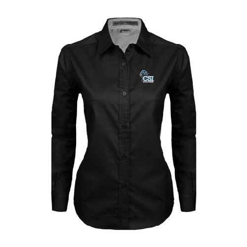 Womens Black Twill Button Down Long Sleeve -Official Logo