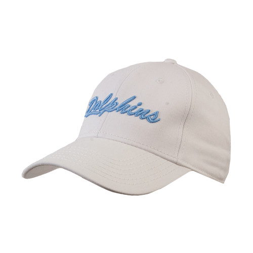 White Structured Adjustable Pro Style Hat-Script Dolphins