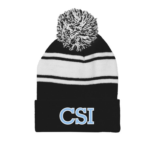 Black/White Two Tone Knit Pom Beanie w/Cuff-CSI